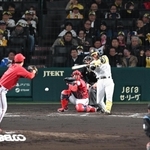打撃の様子がよく分かるセンターからのアングル。テレビ中継では主流になっている＝４月９日の阪神ー広島戦から、甲子園球場