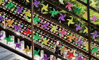 色とりどりの風車が参拝客を出迎える＝宇都野神社