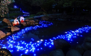 天の川に見立てた光の帯＝６日夜、西宮市社家町、西宮神社