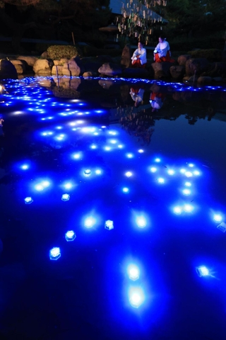 天の川に見立てた光の帯＝６日夜、西宮市社家町、西宮神社