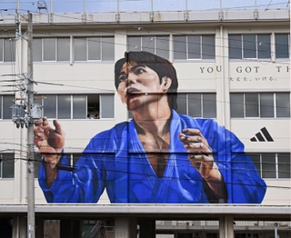 校舎の壁面に描かれた阿部一二三選手＝２５日午後、神戸市中央区山本通４、神港学園高校（撮影・風斗雅博）