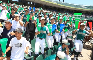 兵庫大会の準決勝で元祖アゲアゲホイホイを繰り出す報徳学園応援団＝神戸市須磨区、ほっともっとフィールド神戸（撮影・吉田敦史）