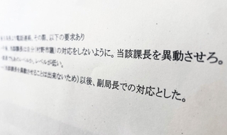 村野誠一・神戸市議が市職員に発言した内容を記録した文書の一部。「課長を異動させろ」という発言があったと記録された