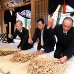 「大豊年」の掛け声に合わせて大豆の束をたたく当人の供人＝御形神社