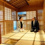 「世界中の誰でも楽しめる」。スケルトンの茶室模型で語る河崎敦子館長（左）と赤尾建蔵エグゼクティブアドバイザー＝神戸市中央区熊内町７