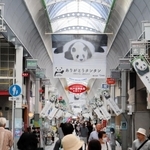 「ありがとうタンタン」とメッセージが添えられたタペストリーやのぼり旗が商店街を埋め尽くしている＝１６日午前、神戸市灘区、水道筋商店街（撮影・大高碧）