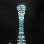 ササカラー（緑）でライトアップされた神戸ポートタワー＝１６日夜、神戸市中央区波止場町（撮影・大高碧）