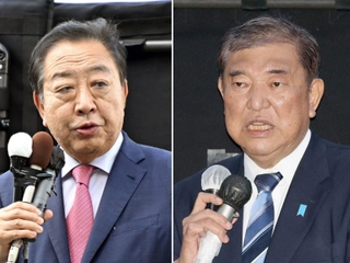 ㊨公明党候補の応援でマイクを握る石破茂首相＝２０日午後、尼崎市内（撮影・小林良多）㊧政権交代を訴える立憲民主党の野田佳彦代表＝１５日午後、明石市のＪＲ明石駅前（撮影・大田将之）