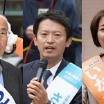 選挙戦最終日の１６日、神戸市内や姫路市内で最後の訴えに声をからす主な候補者の（右から）清水貴之氏、稲村和美氏、斎藤元彦氏、大沢芳清氏、福本繁幸氏