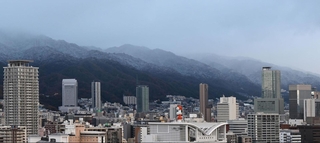 雪で白く染まった六甲山地＝１９日午前、神戸市中央区東川崎町１から（撮影・大田将之）