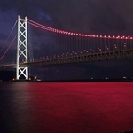 ヴィッセル神戸の２冠を祝って、ライトアップされた明石海峡大橋。海面もチームカラーに染まった＝１３日夜、神戸市垂水区海岸通から（撮影・風斗雅博）