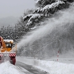 道路に積もった雪を取り除く車＝１９日午前、養父市別宮（撮影・吉田みなみ）