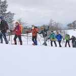スノーシューを履いて雪山を進む登山会の参加者。厳寒期ならではの景色を満喫できる＝宍粟市千種町