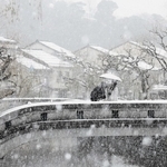 雪が舞う城崎温泉街＝１月９日、豊岡市城崎町