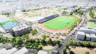 再整備中の王子公園の完成イメージ図。スタジアムは園内北側に新築移転する（神戸市提供）