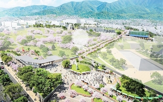 再整備中の王子公園の完成イメージ図。阪急王子公園駅前に設ける「緑の広場」と南北に貫く「シンボルプロムナード」（神戸市提供）
