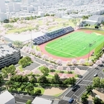 再整備中の王子公園の完成イメージ図。スタジアムは園内北側に新築移転する（神戸市提供）