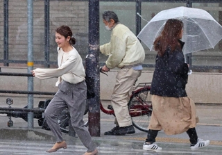急に降り出した雨。急いで横断歩道を渡る姿も＝１５日午後、神戸市中央区東川崎町１（撮影・笠原次郎）
