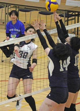 力強いアタックを打つ神戸親和大学の選手＝神戸市北区鈴蘭台北町７、親和アリーナ