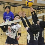 力強いアタックを打つ神戸親和大学の選手＝神戸市北区鈴蘭台北町７、親和アリーナ