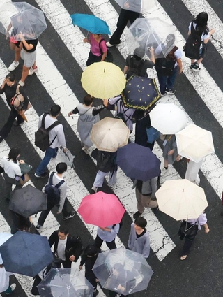 梅雨入りし、傘を差す人が行き交う神戸の市街地＝９日午後、神戸市中央区（撮影・笠原次郎）