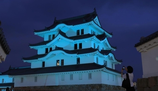 青く照らされた尼崎城＝２７日夜、尼崎市北城内（撮影・吉田敦史）