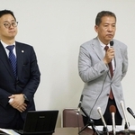立花孝志氏に対する訴訟を起こし、会見した兵庫県議の丸尾牧氏（右）と代理人の弁護士＝５日午後、神戸市中央区橘通３