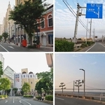 （いずれも動画切り出し。左上から時計回りに）スタート直後の神戸市街地の風景、明石市の大蔵海岸に向かう海沿いの道、中間地点付近から望む明石海峡大橋、ゴールがある神戸ハーバーランド