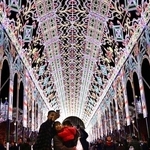 神戸ルミナリエ。光の粒の隙間から神戸ポートタワーがのぞく＝２０２５年１月２４日、神戸市中央区波止場町（資料写真）