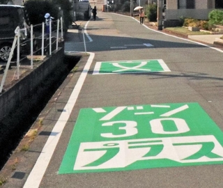 「ゾーン３０プラス」のエリアであることを示す路面標示＝兵庫県播磨町北本荘１