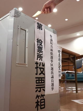 選挙区の投票用紙を投票箱に入れていく有権者＝２０日午前、神戸市中央区山本通１（撮影・長嶺麻子）