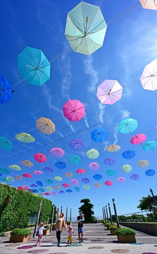 夏空をカラフルに彩る傘＝淡路市夢舞台、国営明石海峡公園（撮影・大田将之）