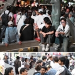 ㊤街頭演説の場には未来の有権者も㊦談笑する外国人たち＝いずれも神戸市中央区加納町４、サンキタ広場