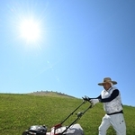 炎天下で除草作業をするＮＰＯ法人「輝かすみが丘」のメンバー＝神戸市垂水区五色山４