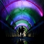 秋の七草をイメージして紫や青、緑にライトアップされたトンネル内＝神戸市北区山田町