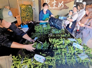 販売が解禁された黒枝豆を買い求める客ら＝１０日午前、丹波篠山市立町