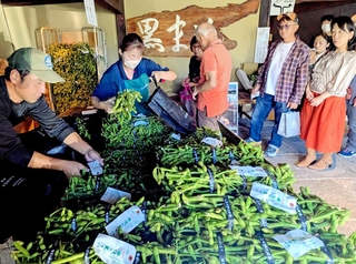 販売が解禁された黒枝豆を買い求める客ら＝１０日午前、丹波篠山市立町