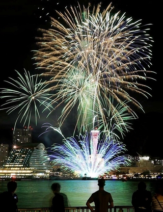 港の夜空を鮮やかに彩る花火＝２０日夜、神戸市中央区港島１から（撮影・吉田敦史）