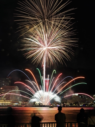 大勢の見物客が夜空のショーを楽しんだ＝２０日夜、神戸市中央区港島１から（撮影・吉田敦史）