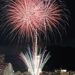 ポートタワーを背景に打ち上がる花火＝２０日夜、神戸市中央区港島１から（撮影・吉田敦史）