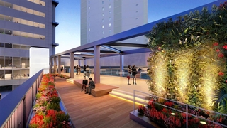 神戸交通センタービルとＪＲ三ノ宮新駅ビルをつなぐ歩行者用デッキのイメージ（神戸市提供）