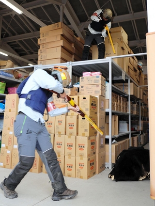 緊急銃猟訓練でクマに見立てた標的に近づく対策員たち＝21日午後、豊岡市泉町