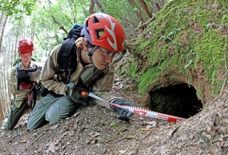 近畿北部地域個体群西側のエリアの山中でツキノワグマが冬眠していたとみられる穴を調べる＝６月２２日（撮影・小林良多）