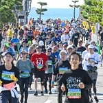 西へと延伸されて折り返しとなった明石・大蔵海岸付近で松や海を背に走る人たち＝１６日、明石市大蔵海岸通２（撮影・風斗雅博）