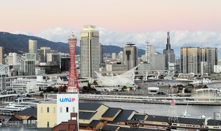 夕日に色づいた東の空に、雲が山脈のように連なった＝３日午後４時53分、神戸市中央区（撮影・森本尚樹）