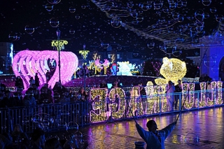 きらびやかな電飾で彩られ、大きなシャボン玉が飛び交う会場＝２４日夜、神戸市北区大沢町上大沢（撮影・風斗雅博）