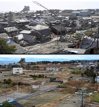 ㊤倒壊した民家が残ったままの被災地。奥には観光名所の見附島が見える（２０２４年３月３０日）。㊦現在は更地が広がる（２０２５年１２月２４日）＝石川県珠洲市宝立町