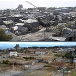 ㊤倒壊した民家が残ったままの被災地。奥に観光名所の見附島が見える（２０２４年３月３０日）。㊦現在は更地が広がる（２０２５年１２月２４日）＝いずれも石川県珠洲市宝立町