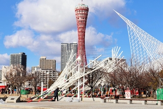 一部が倒れた神戸ルミナリエの作品。強風にあおられたとみられる＝１月１１日午前、神戸市中央区のメリケンパーク