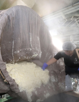 甘い香りと湯気が立ち、蒸し上がった酒米＝20日午前、神戸市東灘区御影塚町１